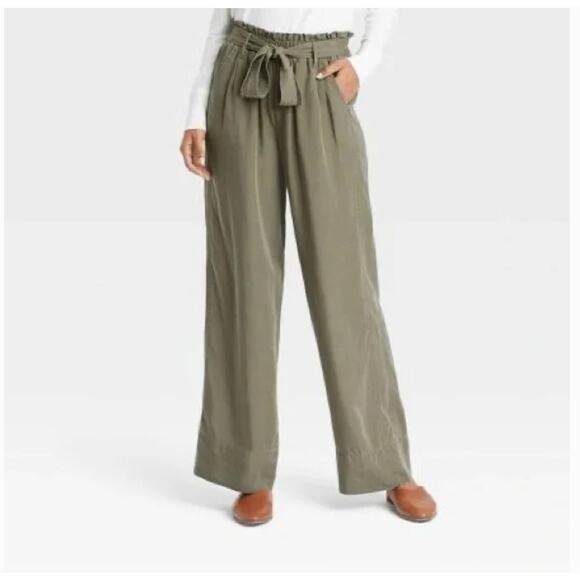 Thread & Supply Paper Bag Wide Leg High Waist Pants L Trousers Olive Green - Picture 1 of 8